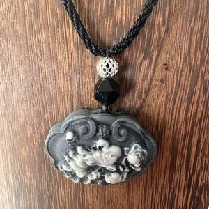 Tai Chi Stone Peacock Pendant Necklace on Black Adjustable Rope